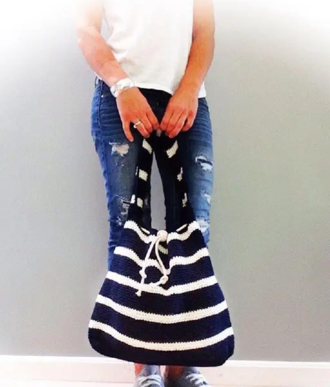 Crochet Tote Bag, Navy Blue and Cream Striped, Knit Beach Bag with Drawstring Closure