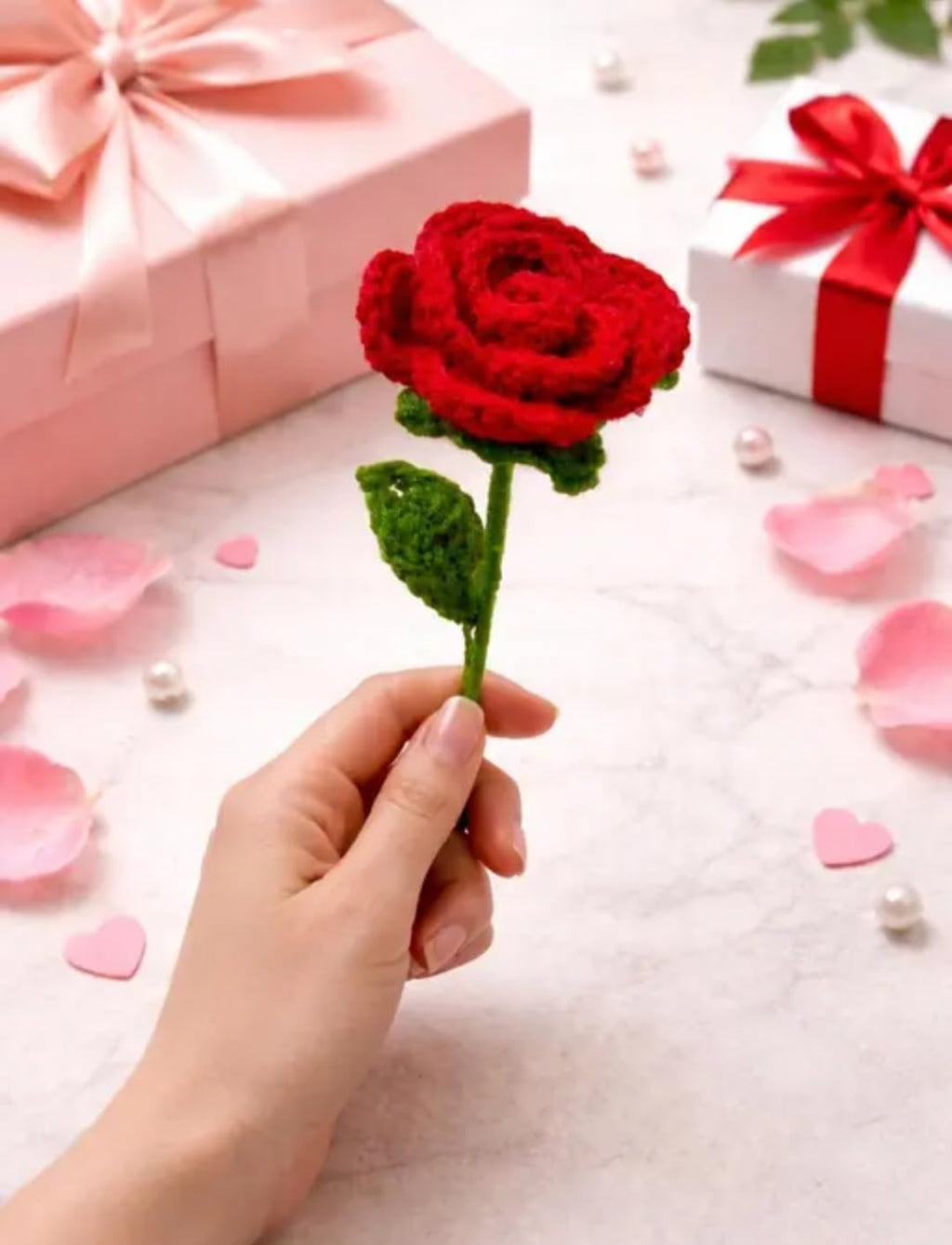Handmade Crochet Red Rose, Single Stem with Green Leaves, Decorative Flower