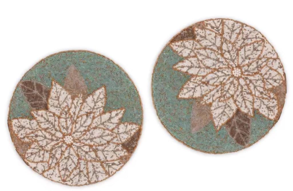 Round Woven Placemats, Floral Leaf Design, Teal and Natural, Boho Table Decor, 1 piece