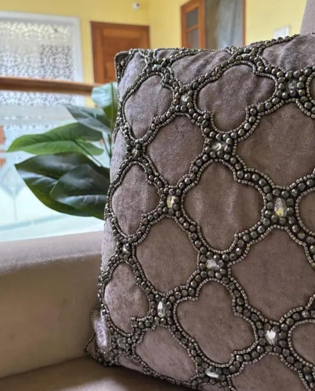 Velvet Throw Pillow Cover with Beaded Quatrefoil Pattern, Grey, Decorative Cushion Cover