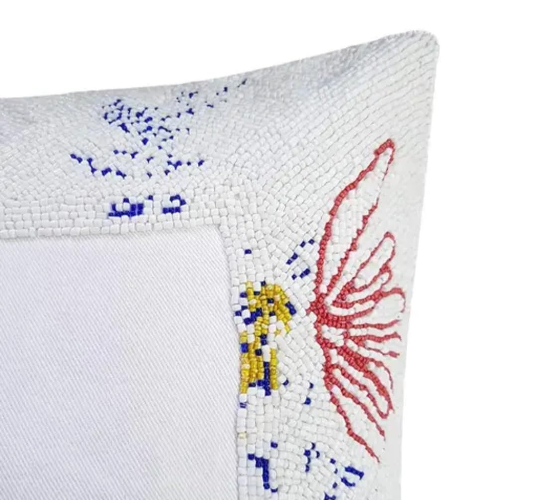 Beaded Throw Pillow Cover, White with Floral Embroidery, Square Decorative Cushion Cover