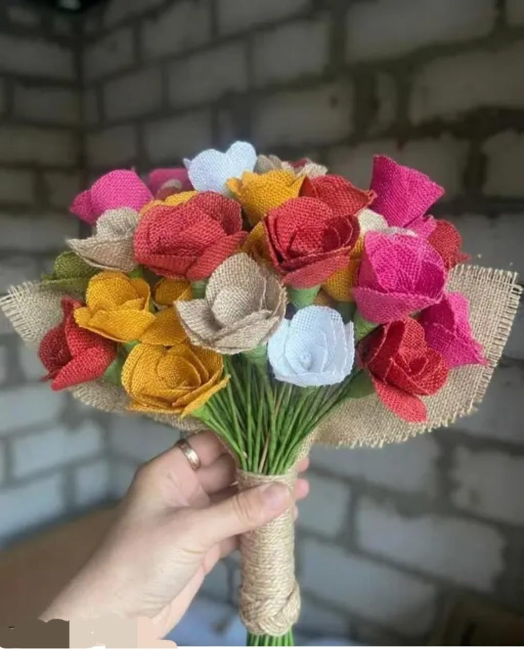Handmade Burlap Rose Bouquet, Multicolor, Rustic Jute Fabric Flowers, Twine-Wrapped Handle, Wedding Decor