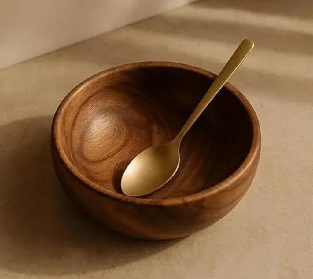 Wooden Serving Bowl, Natural Brown, Handcrafted Wood, Round Shape, Salad Fruit Display