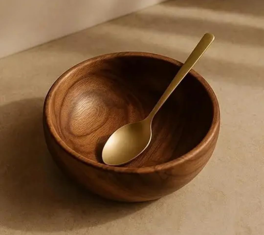 Wooden Serving Bowl, Natural Brown, Handcrafted Wood, Round Shape, Salad Fruit Display