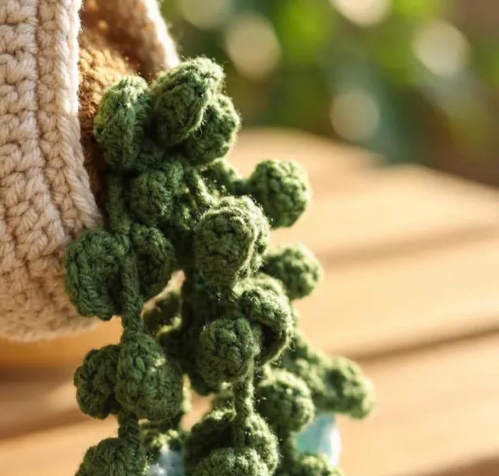 Crochet Hanging Plant Decor, Handmade Knit Faux Succulent in Woven Basket, Yellow and Green, Boho Wall Art, 1 piece