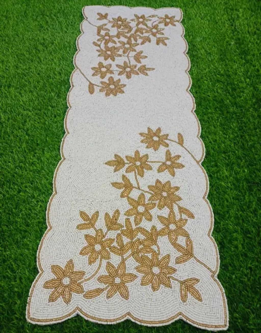 Embroidered Table Runner, Beige with Gold Floral Design, Scalloped Edge, Decorative Linen