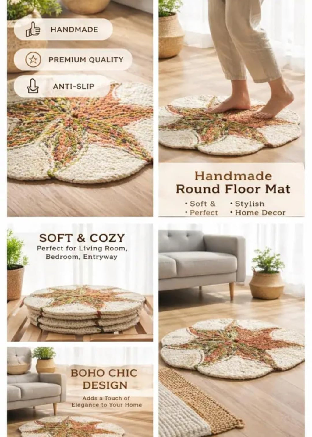 Round Floral Star Accent Rug, Cream and Rust, Handwoven Area Rug for Living Room