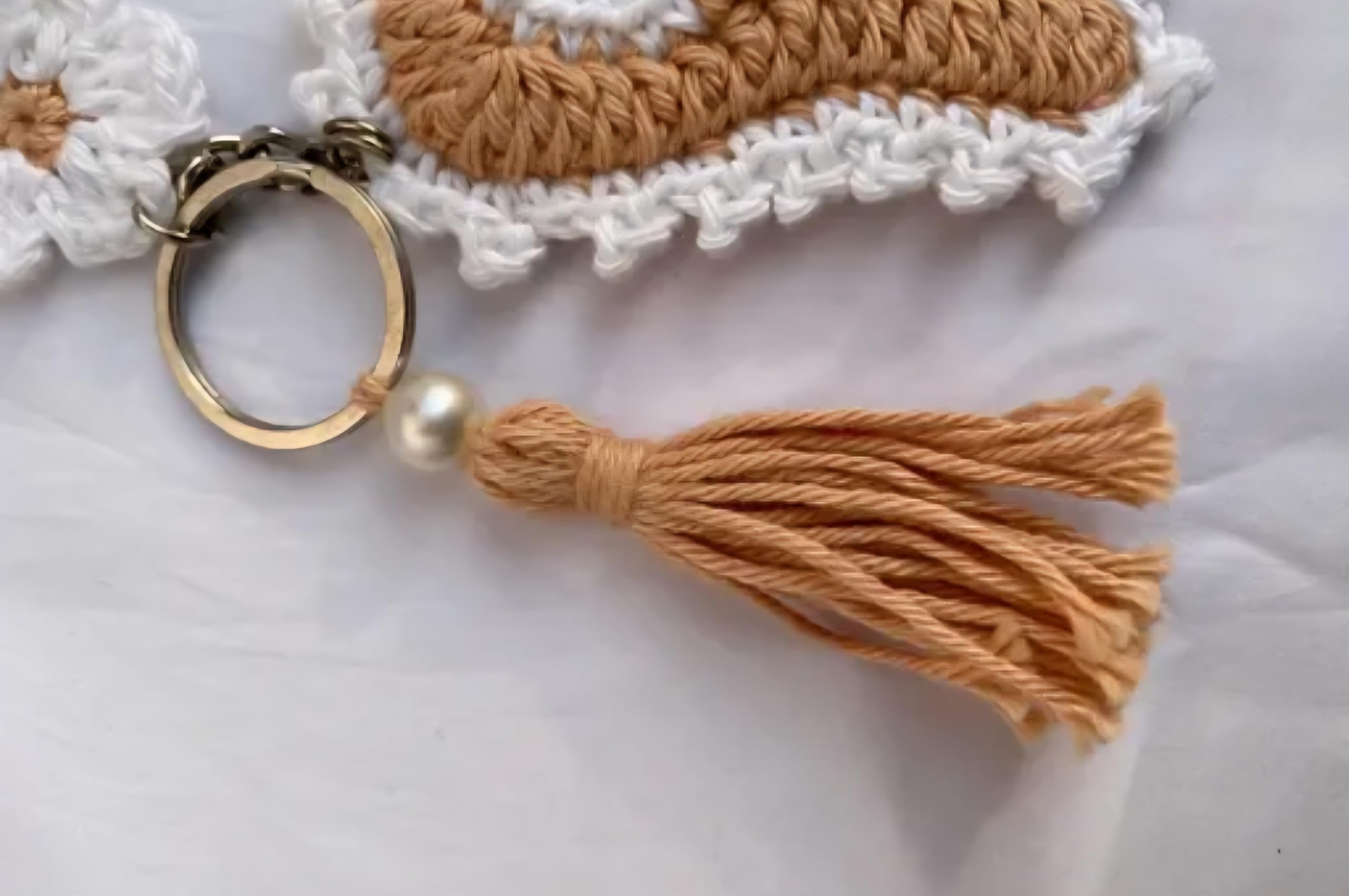 Handmade Crochet Bunny Keychain with Flower, Brown and White, Tassel Charm