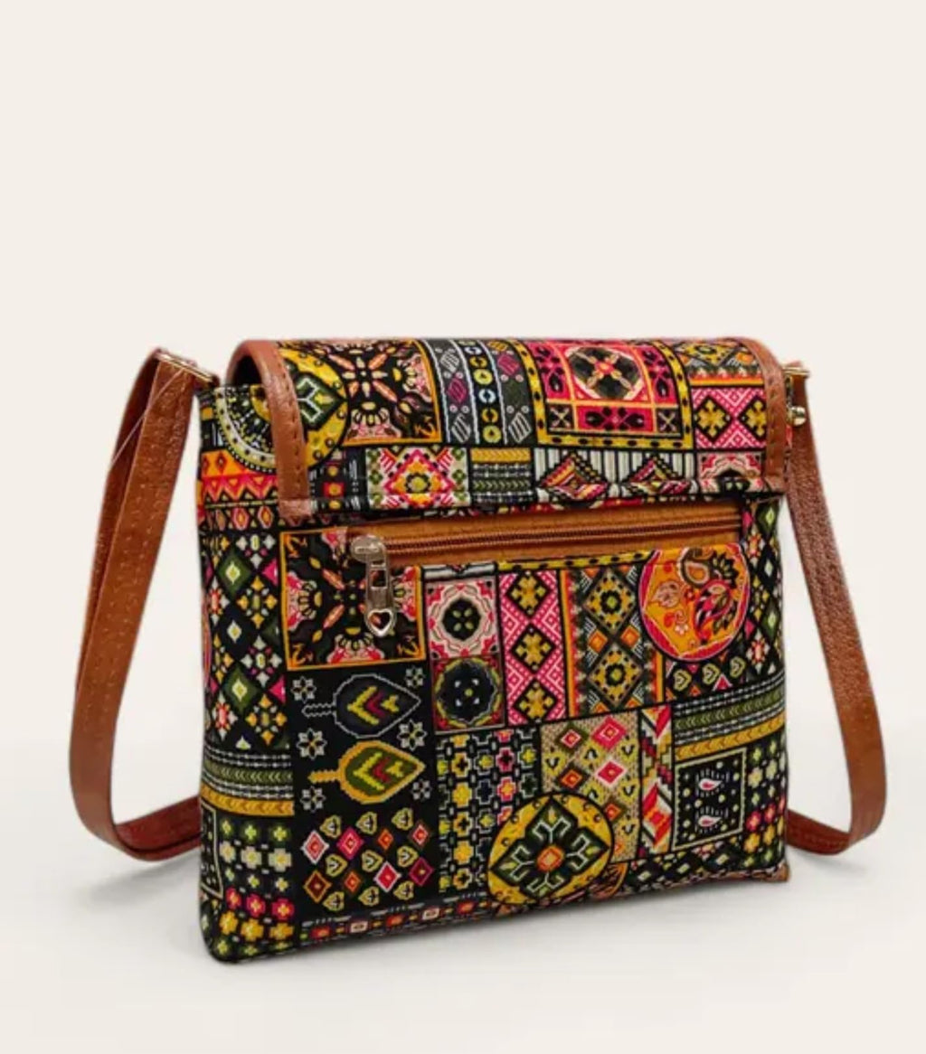 Bohemian Crossbody Handbag, Ethnic Print with Brown Leather Trim, Tassel Detail