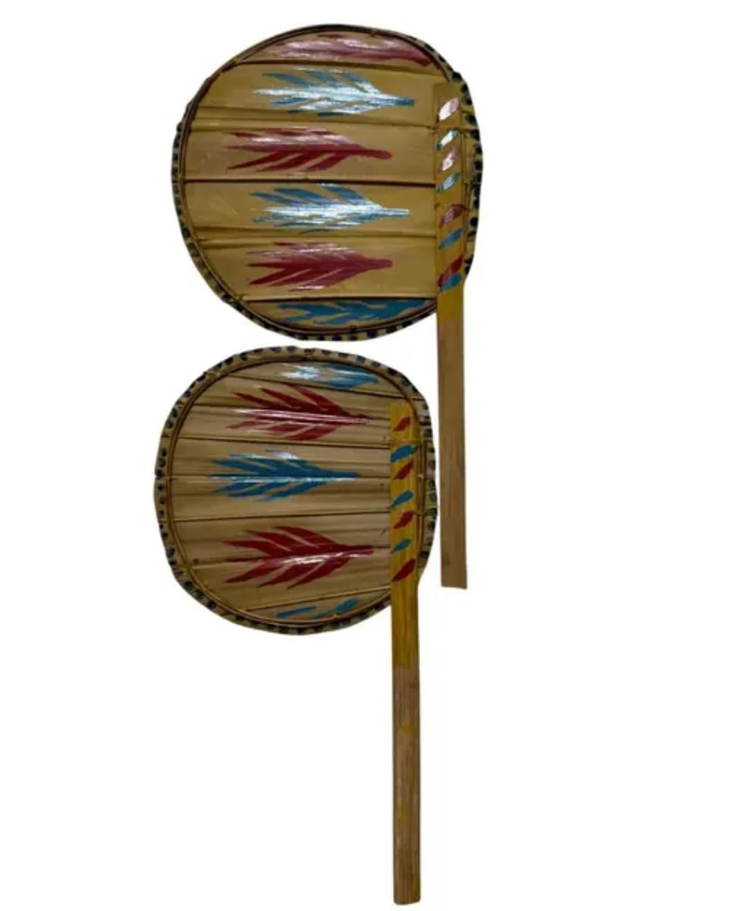 Handcrafted Round Hand Fan, Set of 2, Multicolor Painted Tribal Design, Bamboo Handle