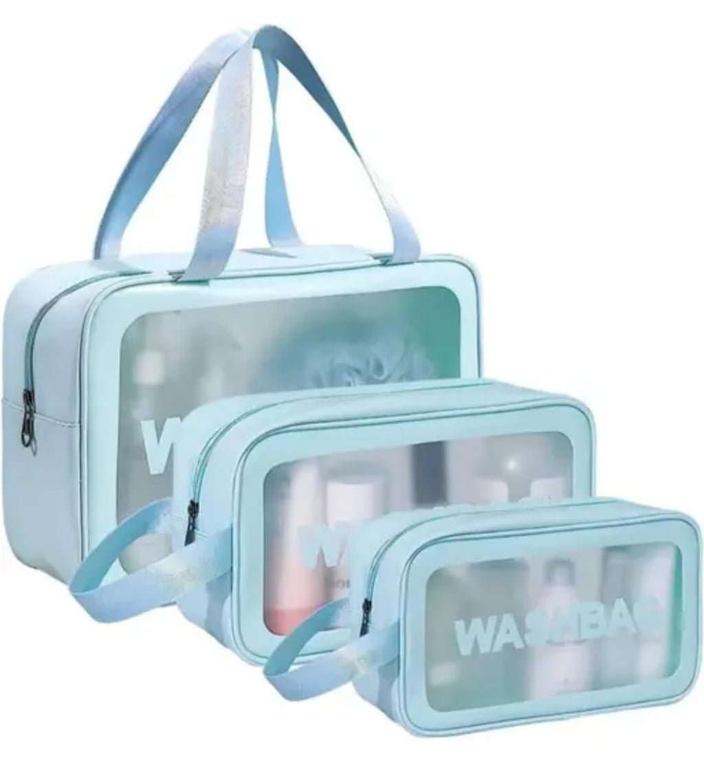 Clear Travel Toiletry Bag Set of 3, Blue, Transparent Window Wash Bags with Zipper and Handle
