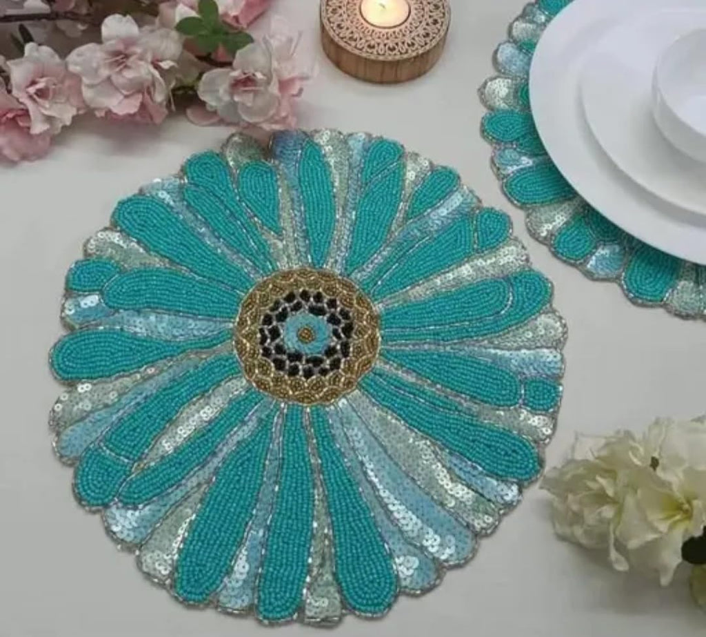 Beaded Sequin Round Placemat, Teal and Silver Floral Design, Decorative Table Mat
