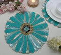 Beaded Sequin Round Placemat, Teal and Silver Floral Design, Decorative Table Mat