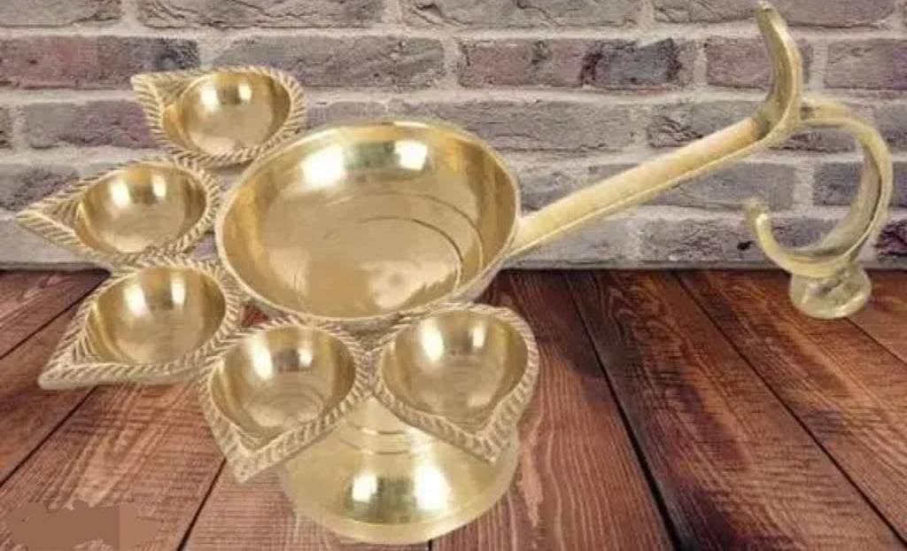 Traditional Brass Oil Lamp, 9-Wick Decorative Diya, Antique Gold, Metal Standing Design for Pooja, Religious Ceremonies