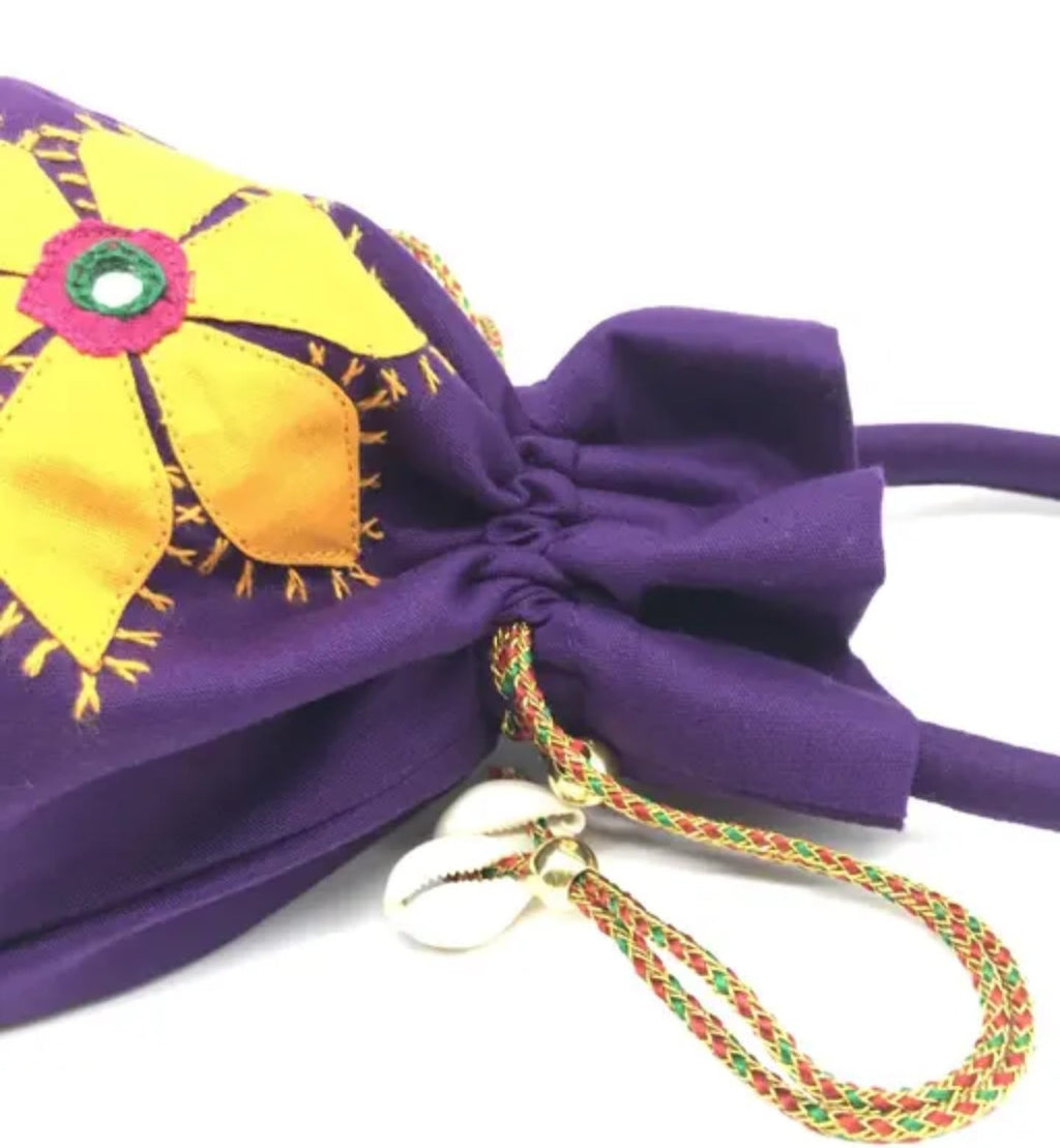 Decorative Handbag, Purple with Yellow Flower Design, Traditional Drawstring Purse, hand made, eco-friendly bag