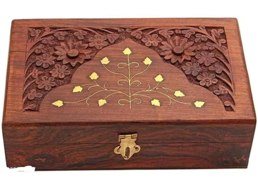 Handcrafted Wooden Jewelry Box with Carved Floral Design, Rosewood Storage Box with Brass Inlay, Gold Metal Latch, Traditional Style