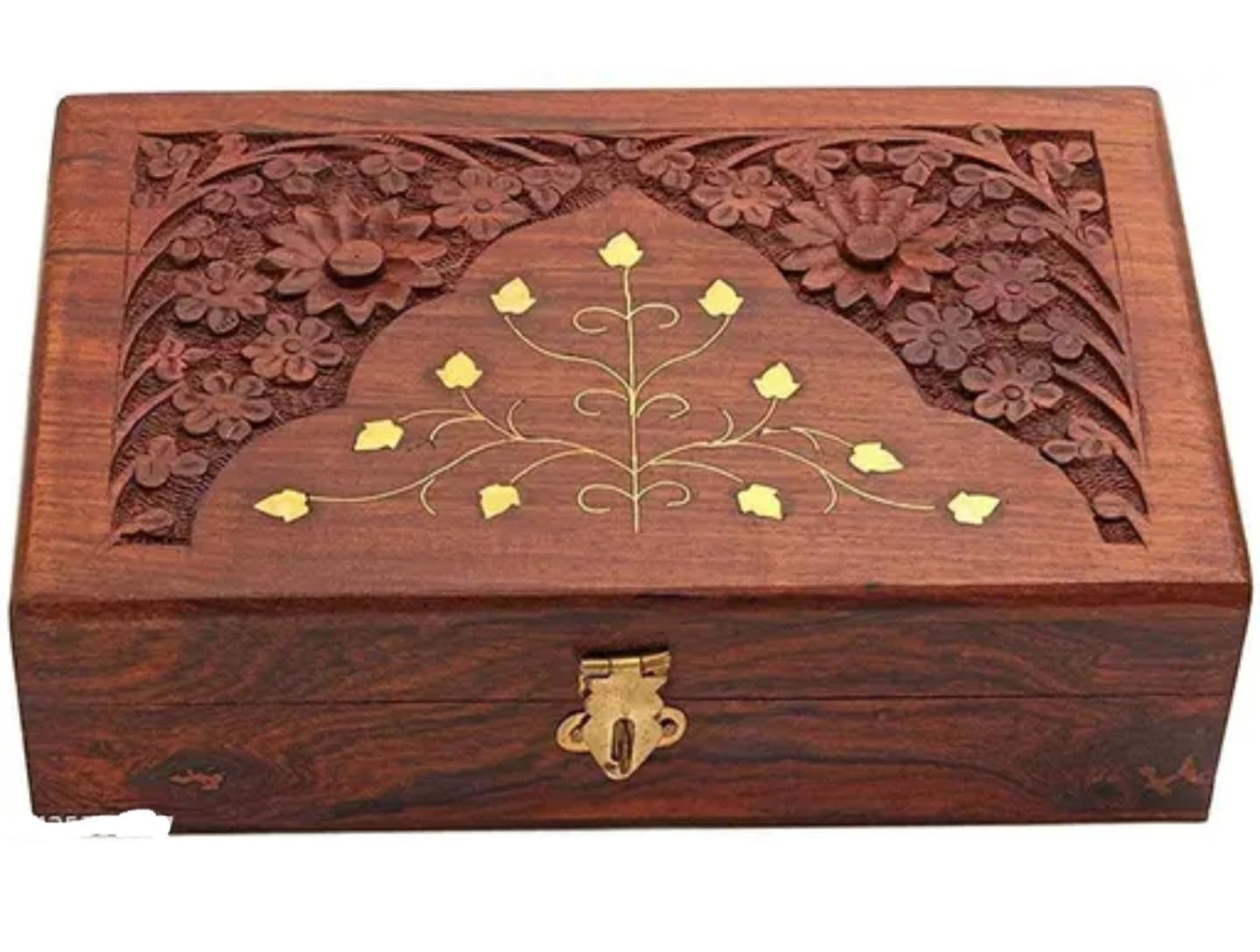 Handcrafted Wooden Jewelry Box with Carved Floral Design, Rosewood Storage Box with Brass Inlay, Gold Metal Latch, Traditional Style