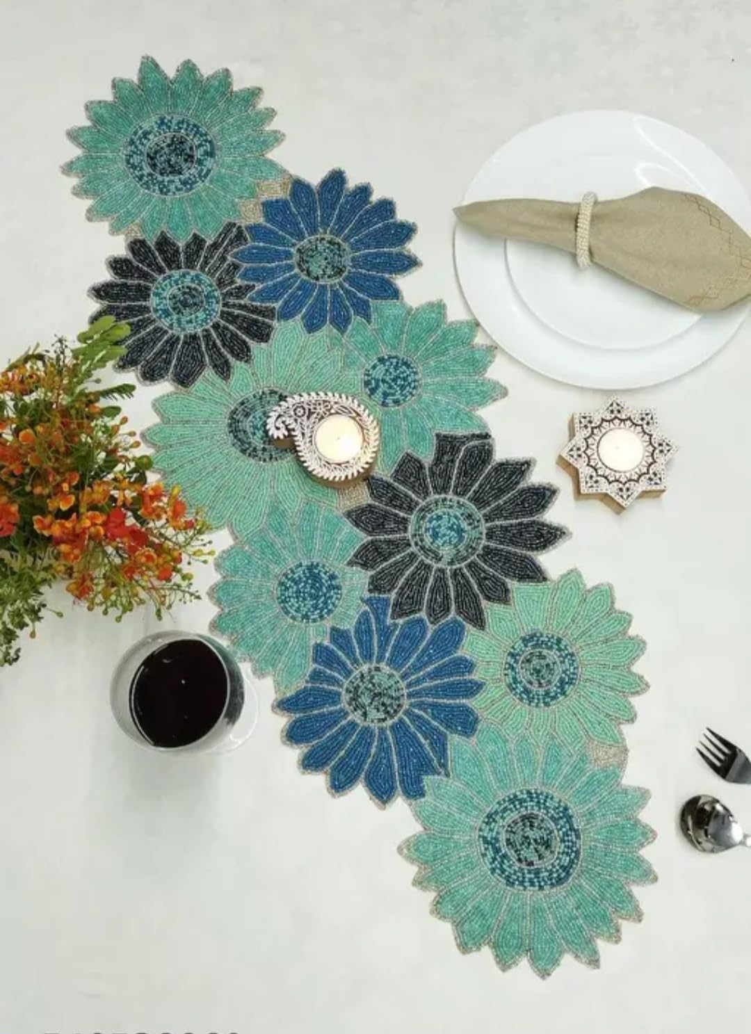 Beaded Floral Table Runner, Teal and Blue, Handcrafted Flower Design, Decorative Dining Table Decor