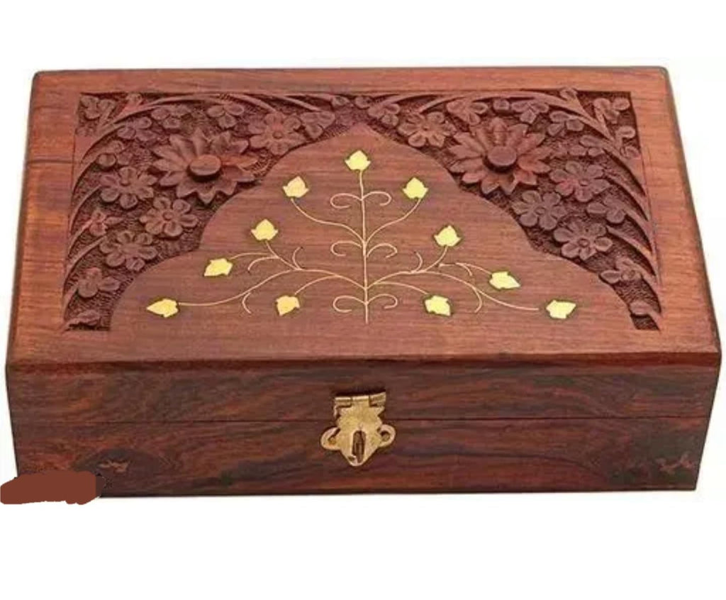 Handcrafted Wooden Jewelry Box with Gold Leaf Design, Rosewood, Carved Floral Pattern, Vintage Storage Case