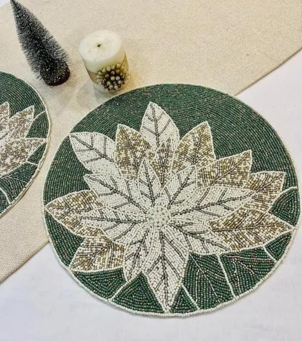 Beaded Round Placemat, Green and White Poinsettia Design, Handcrafted Holiday Table Decor