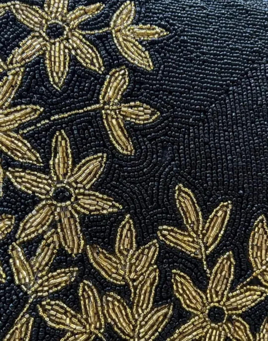 Black Beaded Throw Pillow Cover with Gold Floral Embroidery, Decorative Cushion Cover