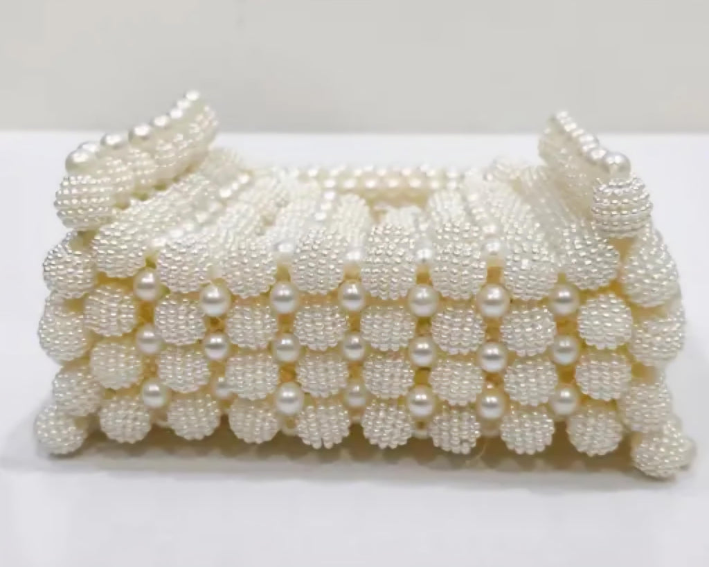 Pearl Beaded Tote Handbag, White, Handcrafted Floral Cluster Design, Top Handle Bag for Women