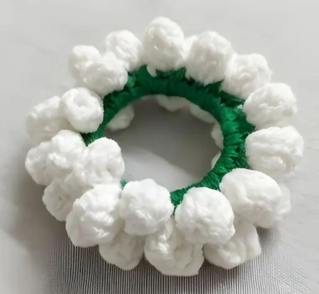 White Fluffy Pom Pom Hair Tie, Elastic Scrunchie, Green and White, Handcrafted