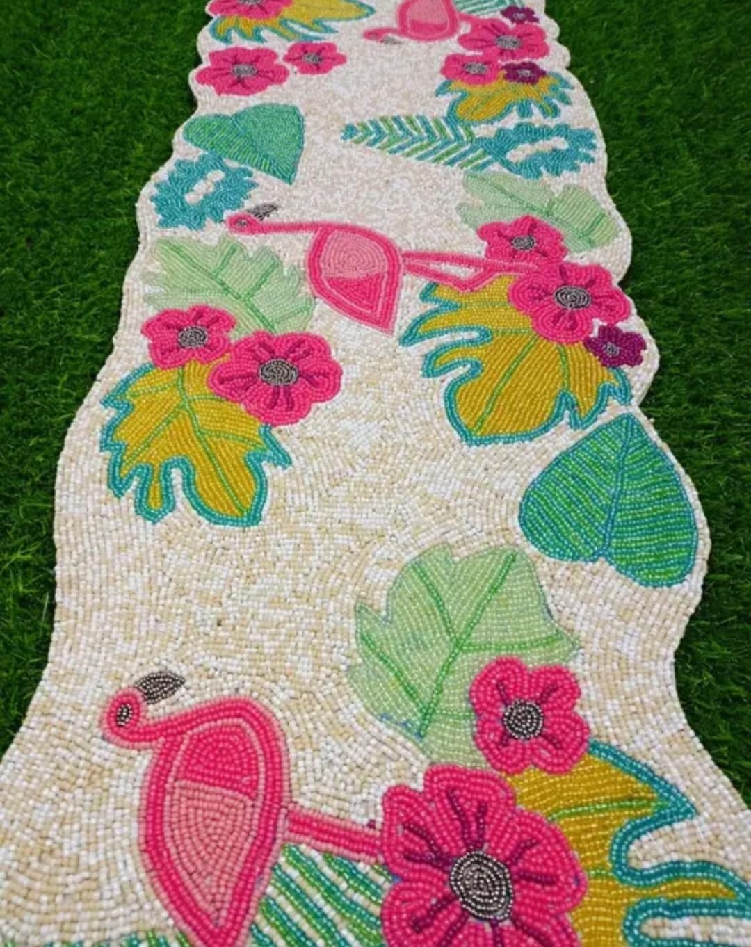 Beaded Table Runner, Tropical Flamingo Design, Multicolor Floral and Leaf Pattern