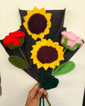 Handmade Crochet Flower Bouquet, Sunflowers and Roses, Knitted Artificial Floral Arrangement, Gift