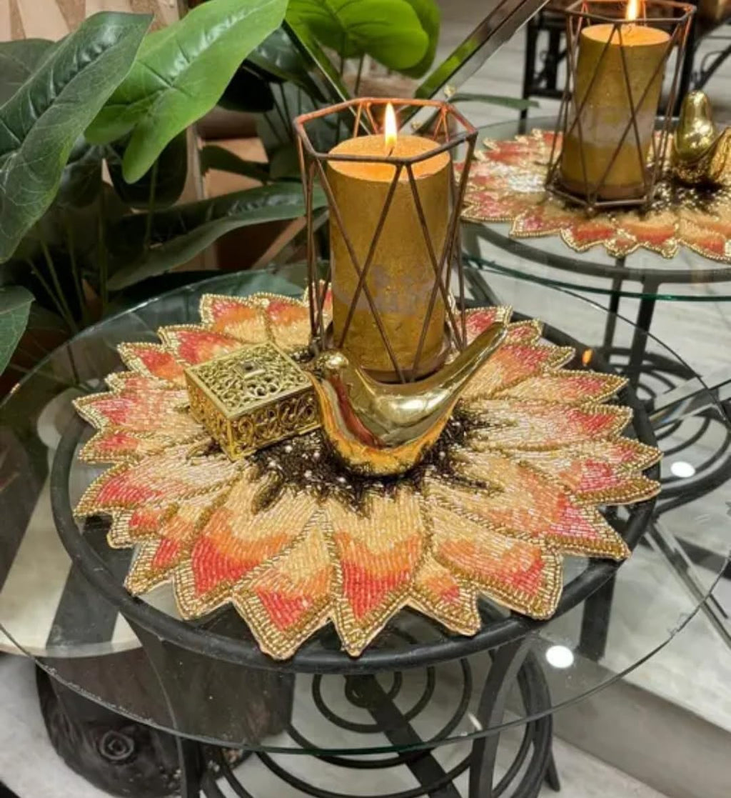 Beaded Sunflower Decorative Placemat, Gold and Coral, Floral Table Decor