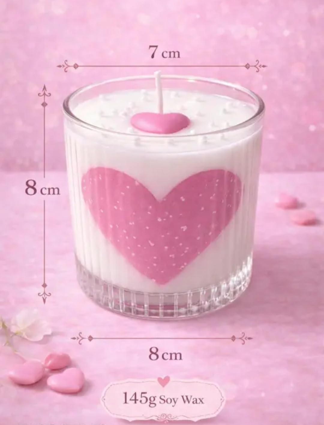 Valentine's Special Heart Candle in Glass, White and Pink, Gift for Valentine's Day, Made with Love
