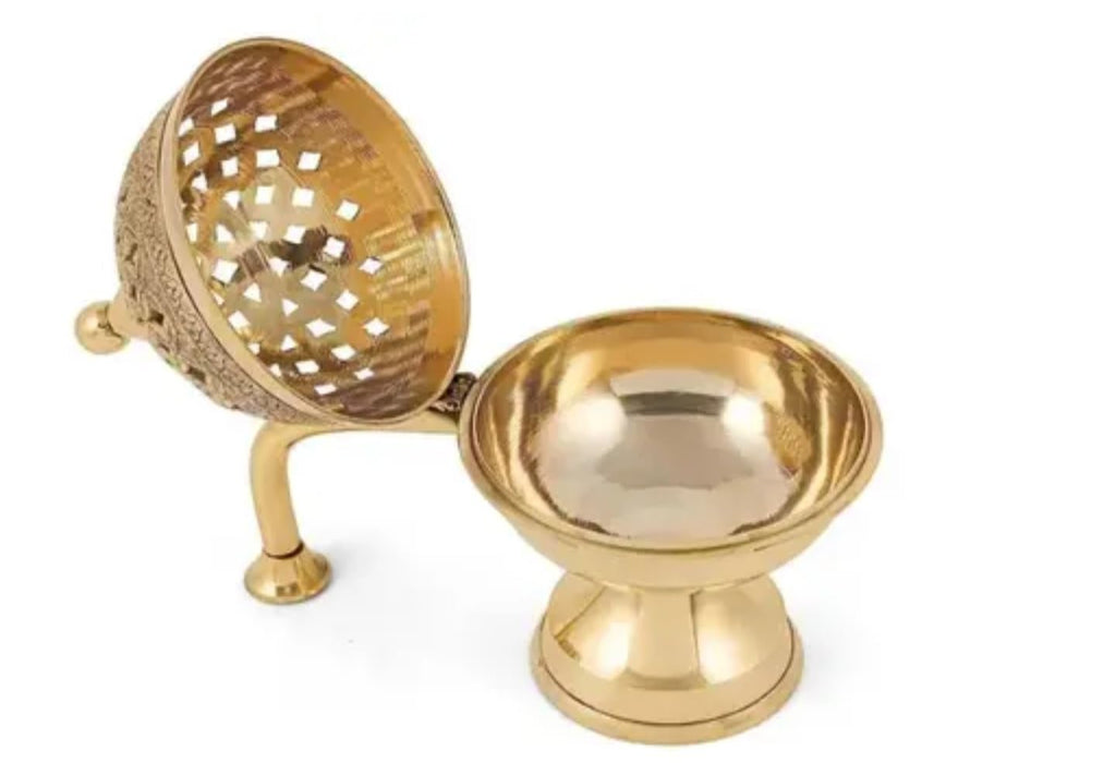 Decorative Brass Incense Burner, Gold, Lattice Pattern Bowl with Stand, Traditional Temple Style, for Cone and Powder Incense