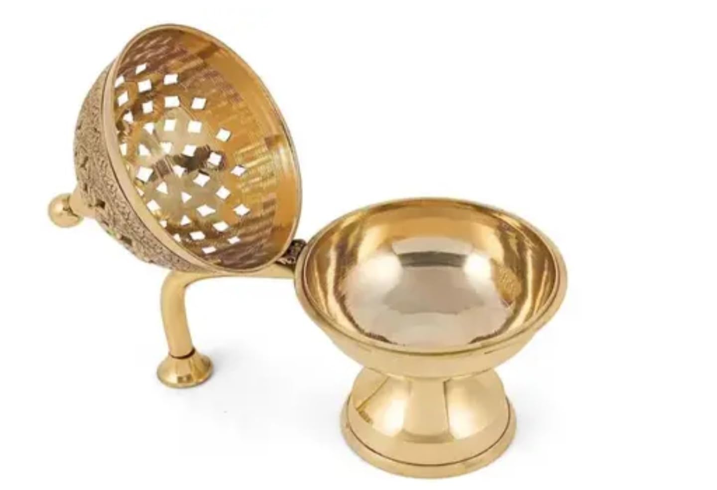 Decorative Brass Incense Burner, Gold, Lattice Pattern Bowl with Stand, Traditional Temple Style, for Cone and Powder Incense