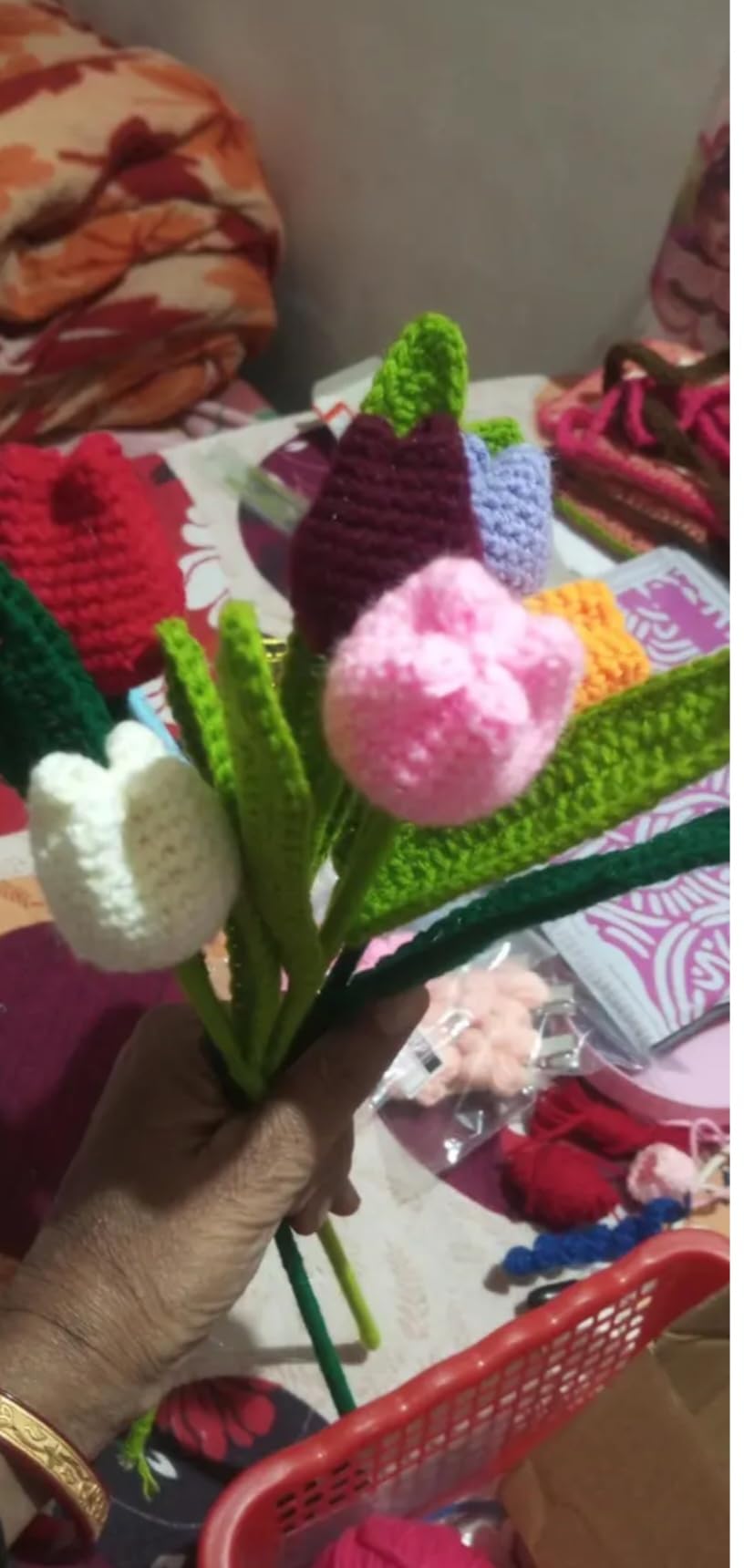 Handmade Crochet Tulip Bouquet, Multicolor, Knitted Artificial Flowers, Home Decor Gift