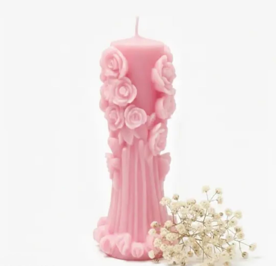 Decorative Pillar Candle, Pink, Rose Floral Design, Elegant Home Decor