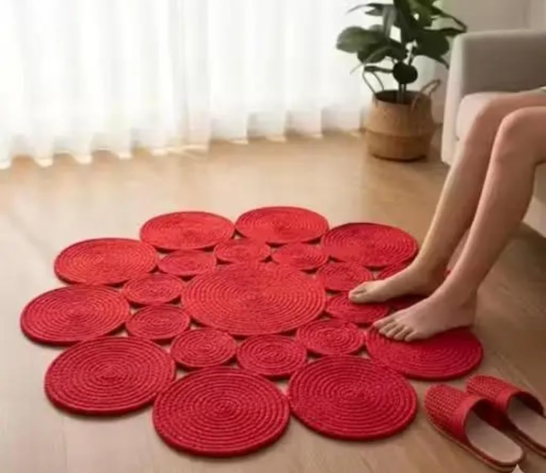 Red Braided Circular Cluster Area Rug, Woven Round Coiled Circles, Boho Style Floor Mat