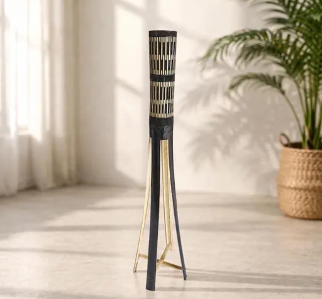 Bamboo Flower stand with Gold Tripod Stand, Black and Gold, Bohemian Style, Indoor Decor