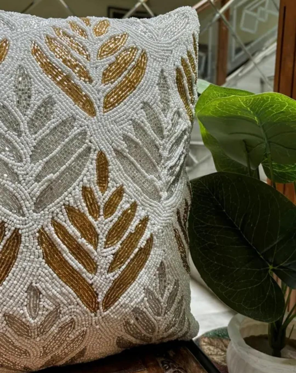 Beaded Cushion Cover, Leaf Pattern, Silver and Gold, Decorative Throw Pillow Cover for Sofa