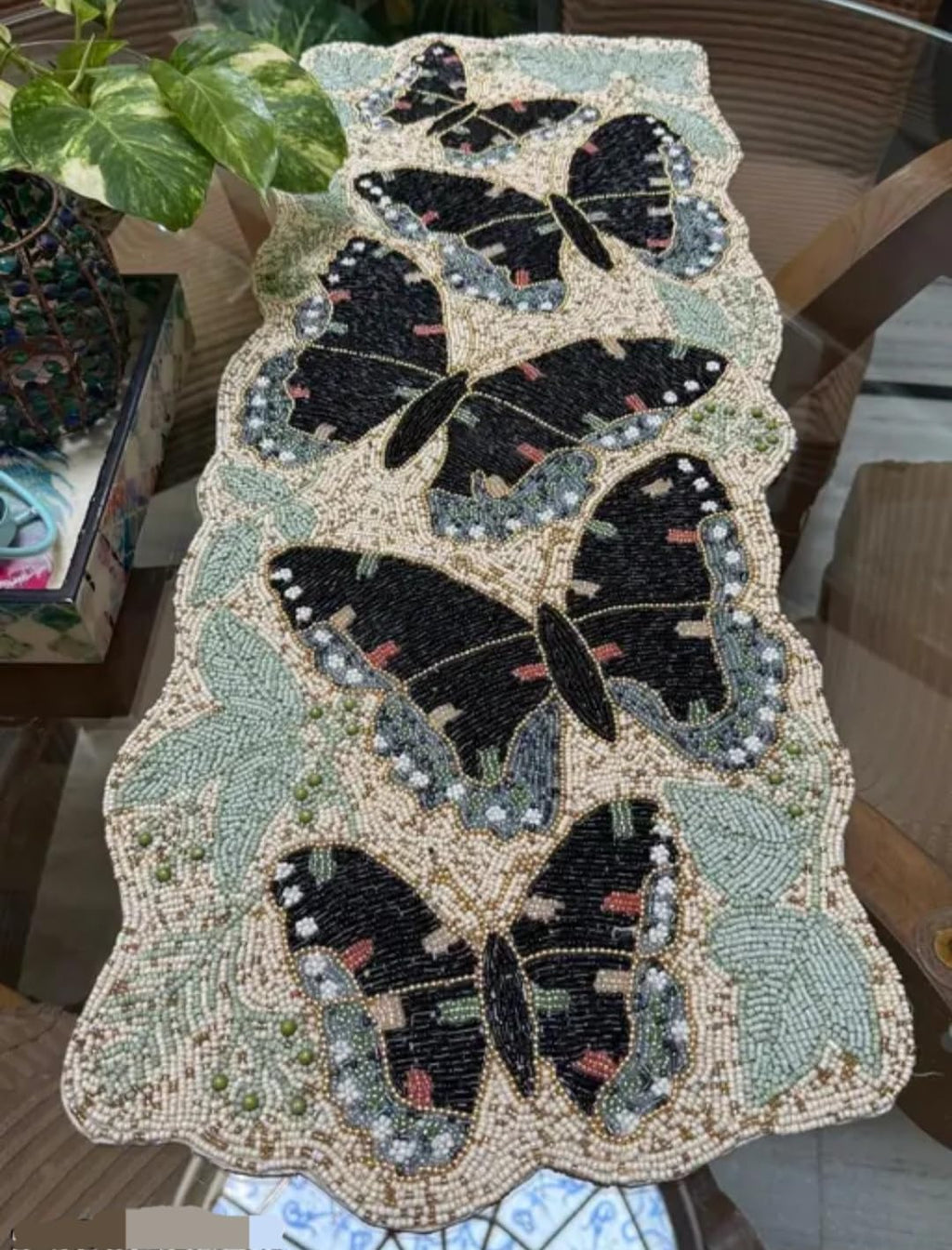 Beaded Butterfly Table Runner, Black and Green, Handcrafted Mosaic Bead Design, Decorative Home Decor