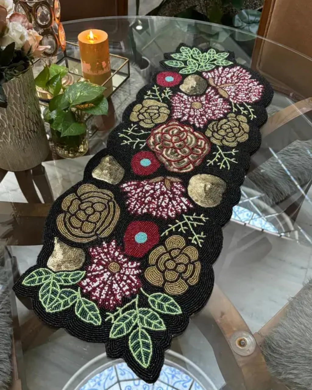 Beaded Handcrafted Runner, Floral Design, Multicolor, Embroidered Roses and Leaves Pattern