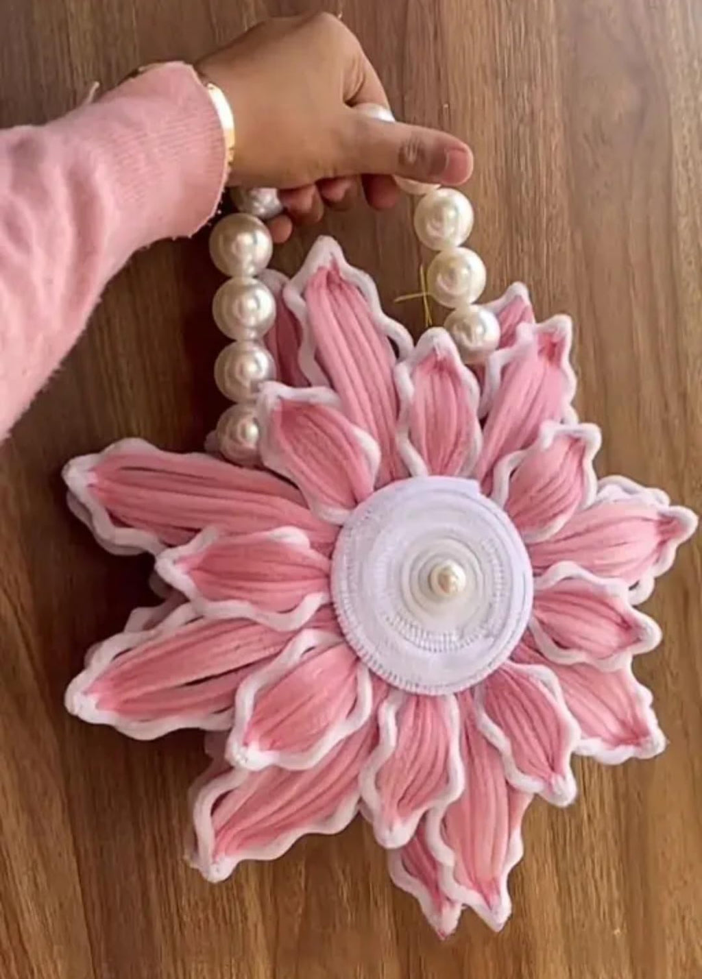 Pink Flower-Shaped Handbag with Pearl Handle, Fabric Clutch, Floral Design