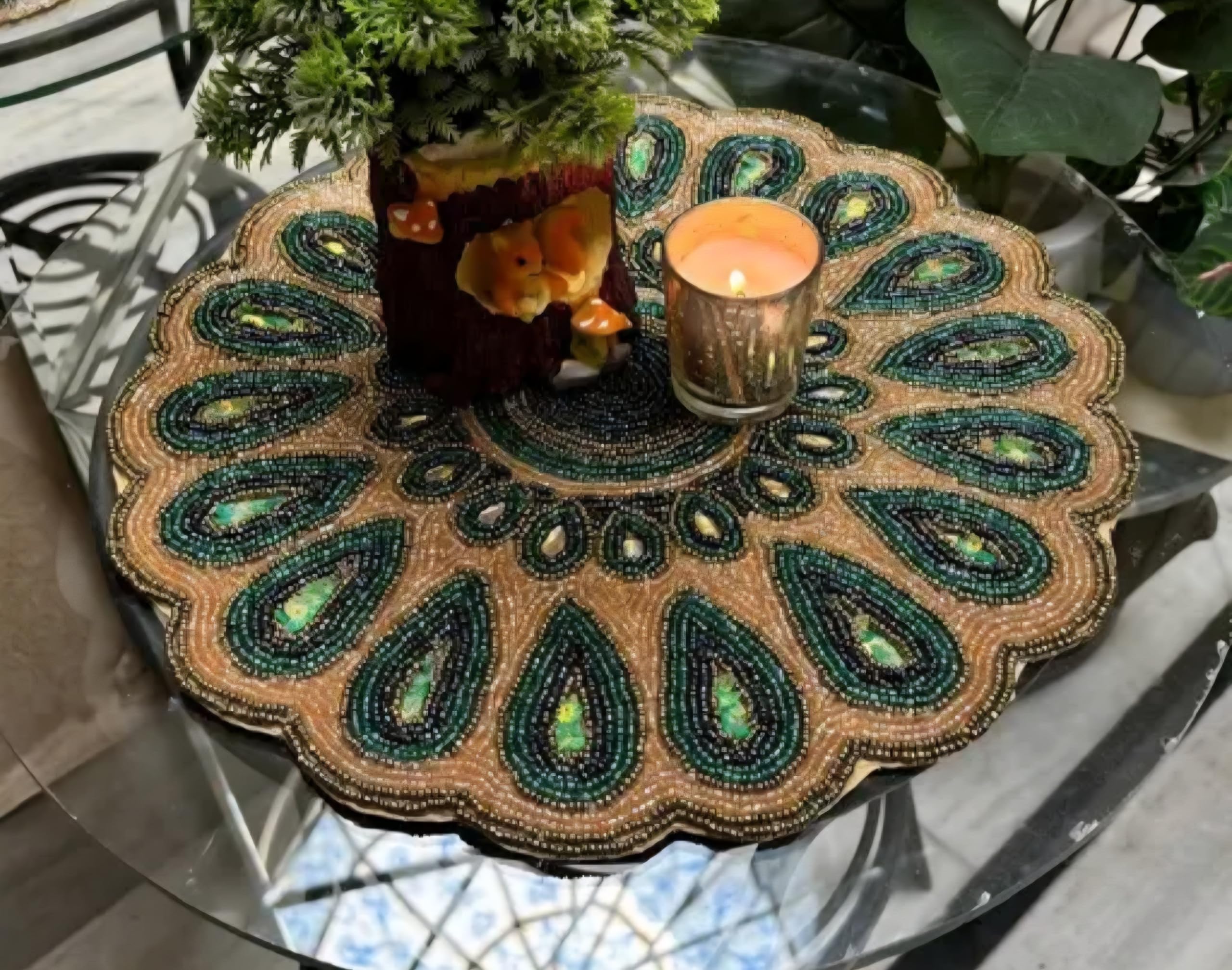 Handcrafted Beaded Placemat, Round Mandala Design, Green and Gold, Decorative Table Mat