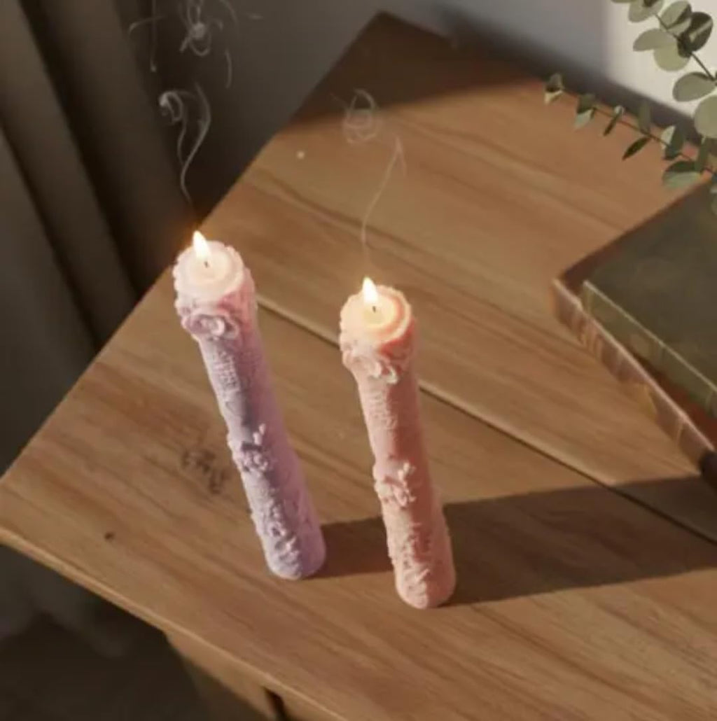 Decorative Taper Candles with Rose Design, Pink and Purple, Floral Embossed Pattern, Set of 2