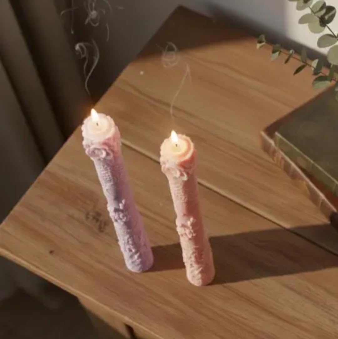 Decorative Taper Candles with Rose Design, Pink and Purple, Floral Embossed Pattern, Set of 2