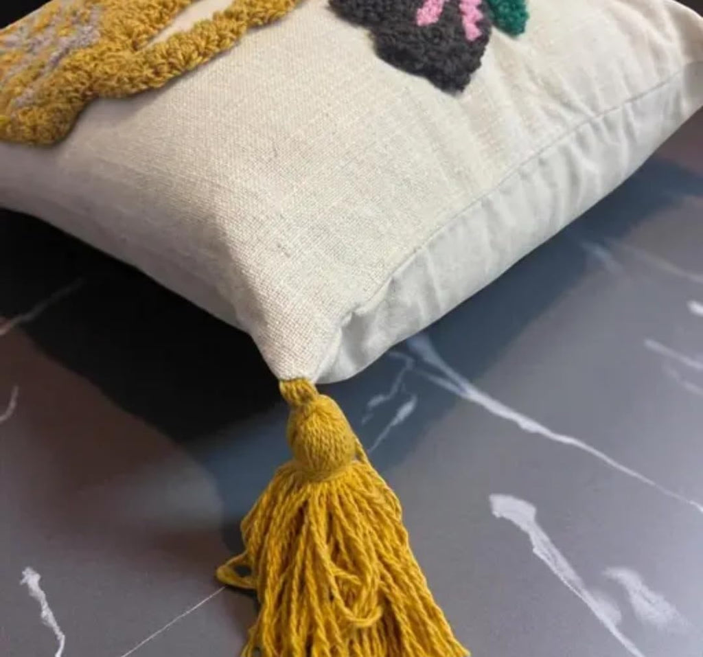 Decorative Throw Pillow Cover with Tassels, Floral Vase Punch Needle Embroidered, Boho Style, Cream