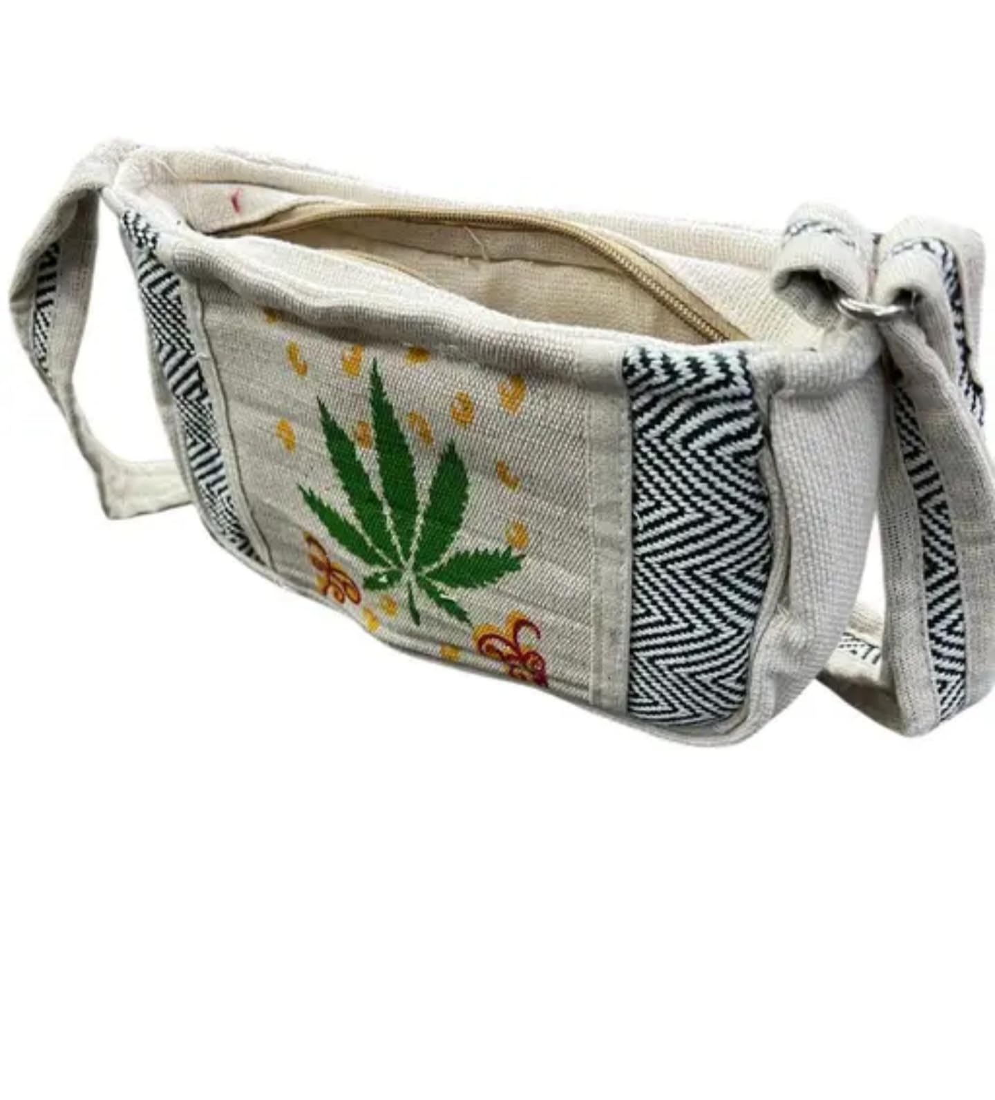 Handmade jute bag,Canvas Tote Bag with Leaf Print and Chevron Pattern, White and Black
