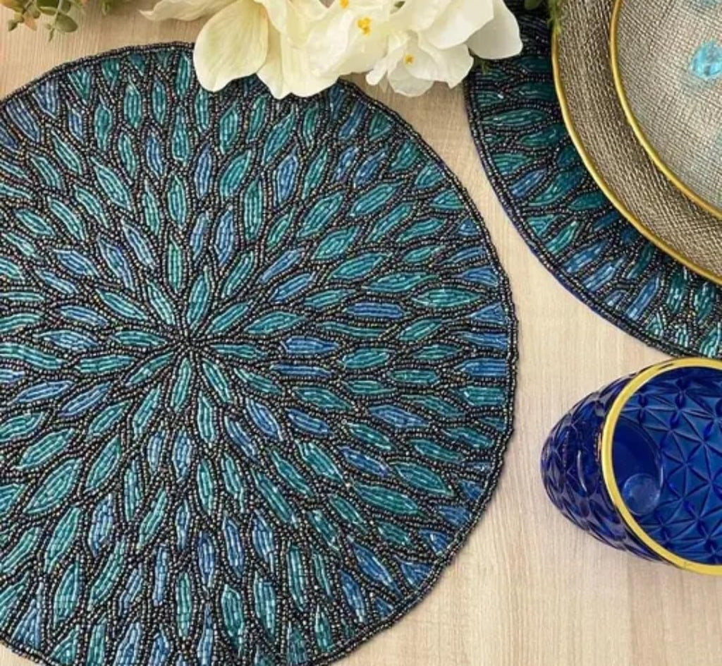 Round Beaded Placemat, Teal and Blue, Handcrafted Floral Burst Design, Decorative Table Mat
