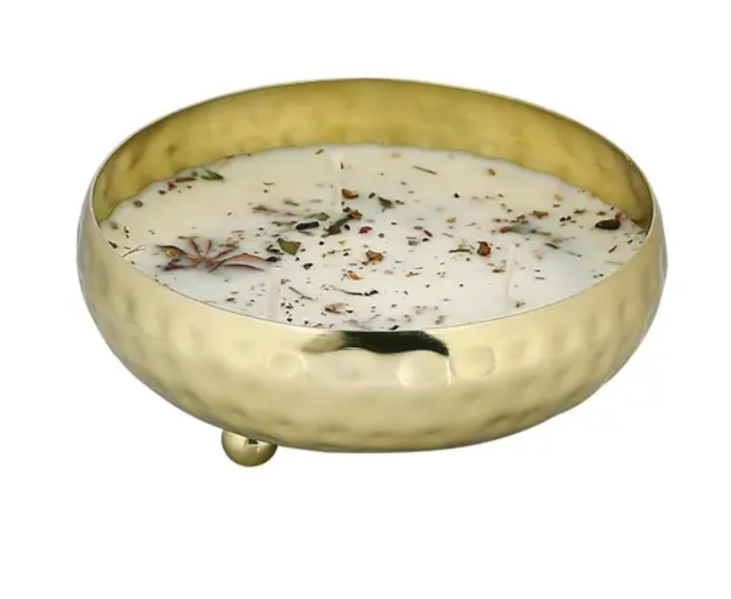 Decorative Gold Hammered Metal Citronella Candle Bowl with Feet, White Wax with Botanical Herbs