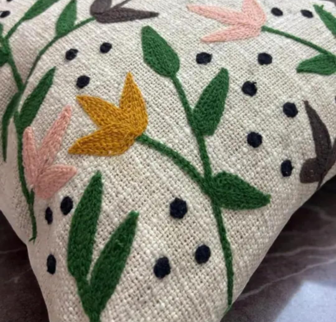 Embroidered Throw Pillow Cover, Floral Leaf Pattern, Multicolor, Decorative Cushion Cover