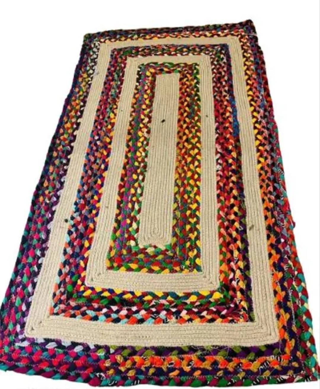 Braided Jute and Cotton Rug, Multicolor, Rectangular, Bohemian Style, Handmade Area Rug